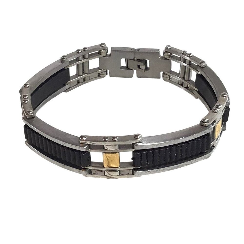 Mens Stainless Steel Bracelet Black Silver Gold Tones 8 Inch Length